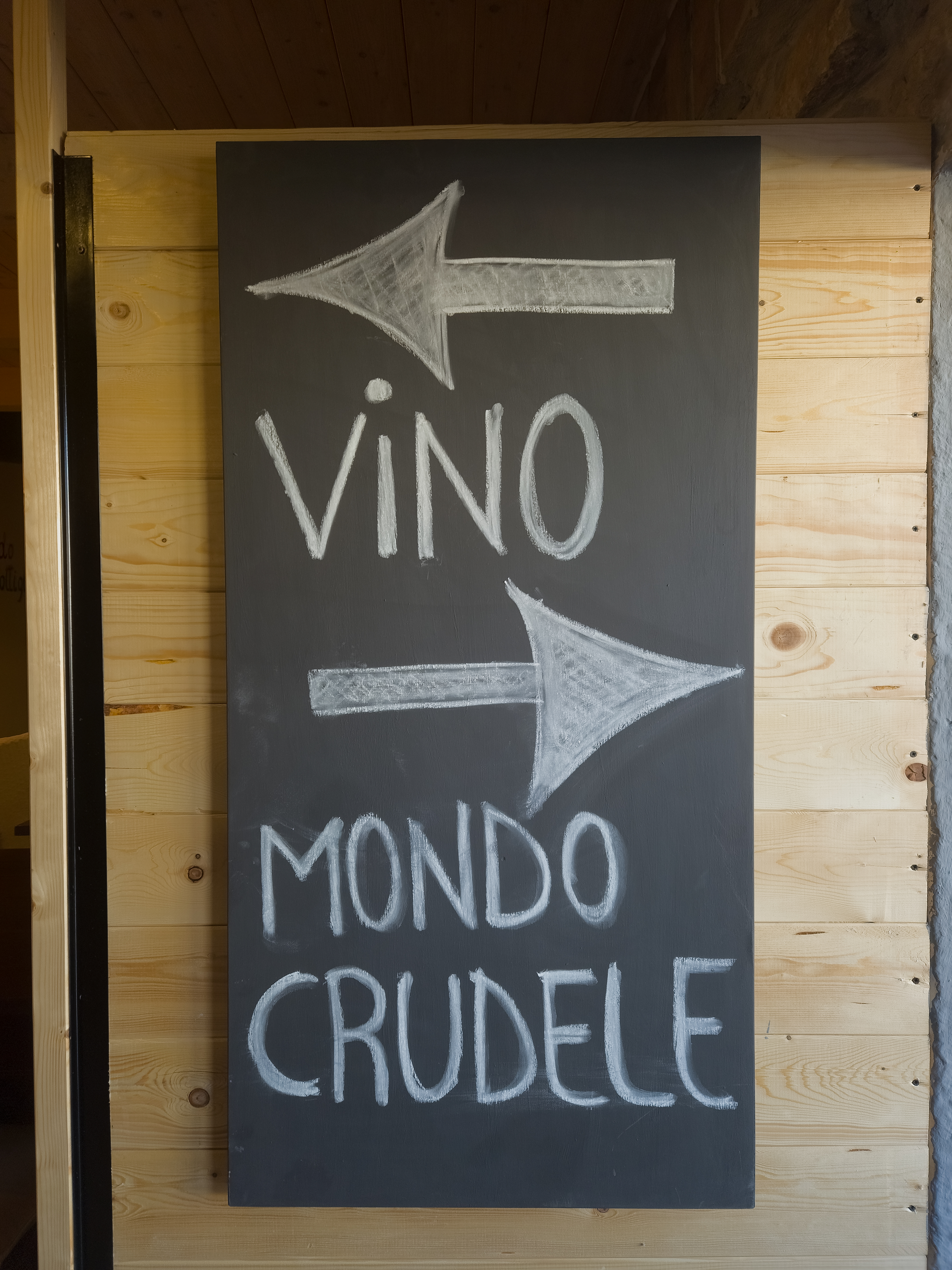 Lavagna con scritta Vino e Mondo Crudele